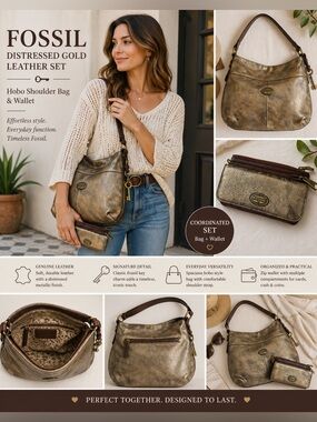 Fossil Distressed Gold Leather Hobo Bag +‎ Wallet Set Metallic Boho Chic